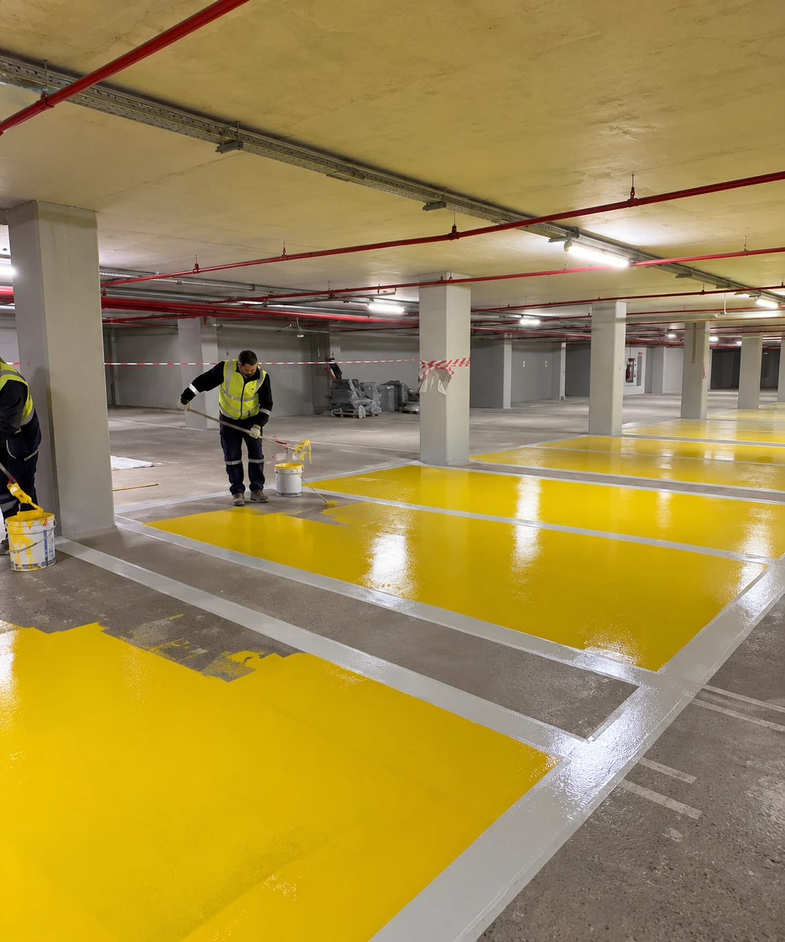 Yeraltı otoparkında sarı zemin boyası uygulayan Altuntaş ekibi